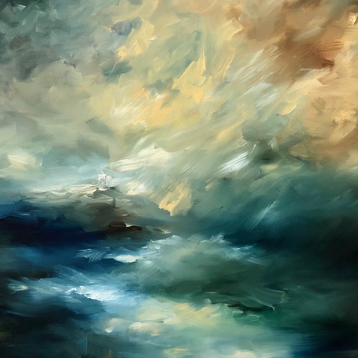 Cropped abstract print of wild stormy weather at sea and lighthouse in the background