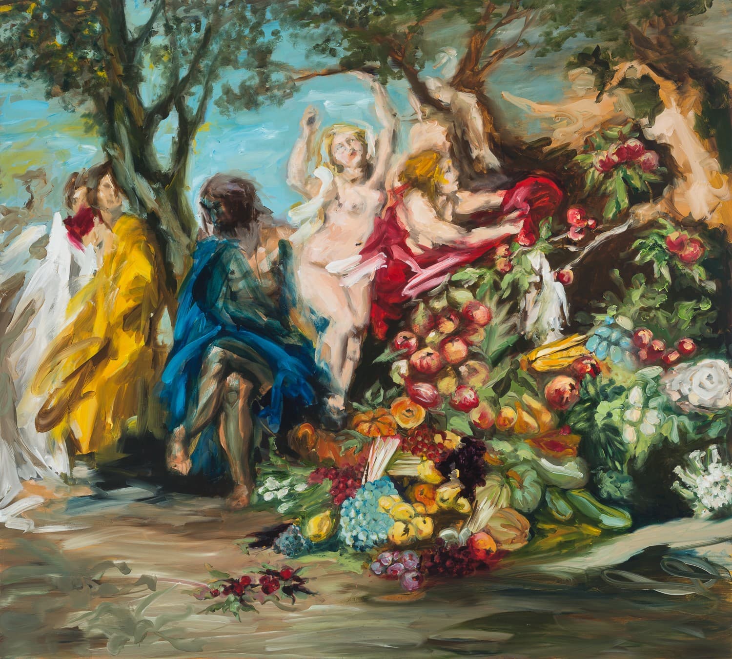 Colorful painting of classical figures in a garden with fruit and flowers