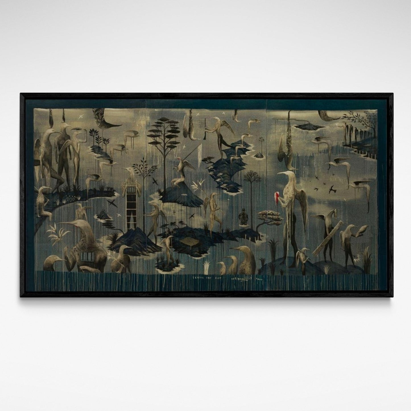 Framed dark painting depicting hybrid bird humans