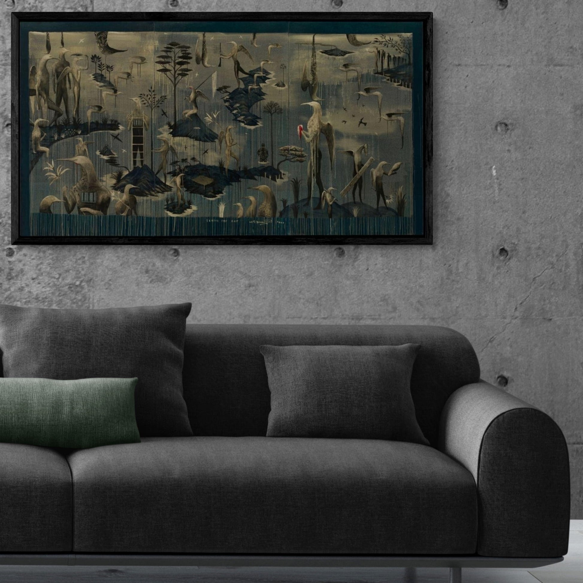 Dark painting depicting hybrid bird humans hanging on wall above couch