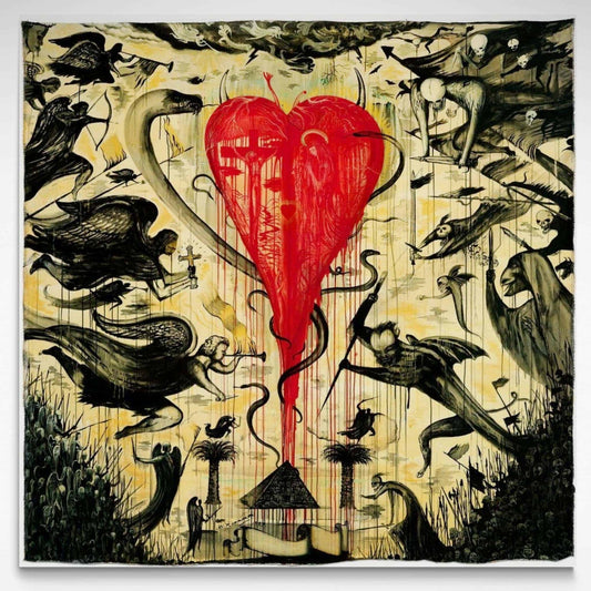 Bill Hammond print with red heart depicting good and evil