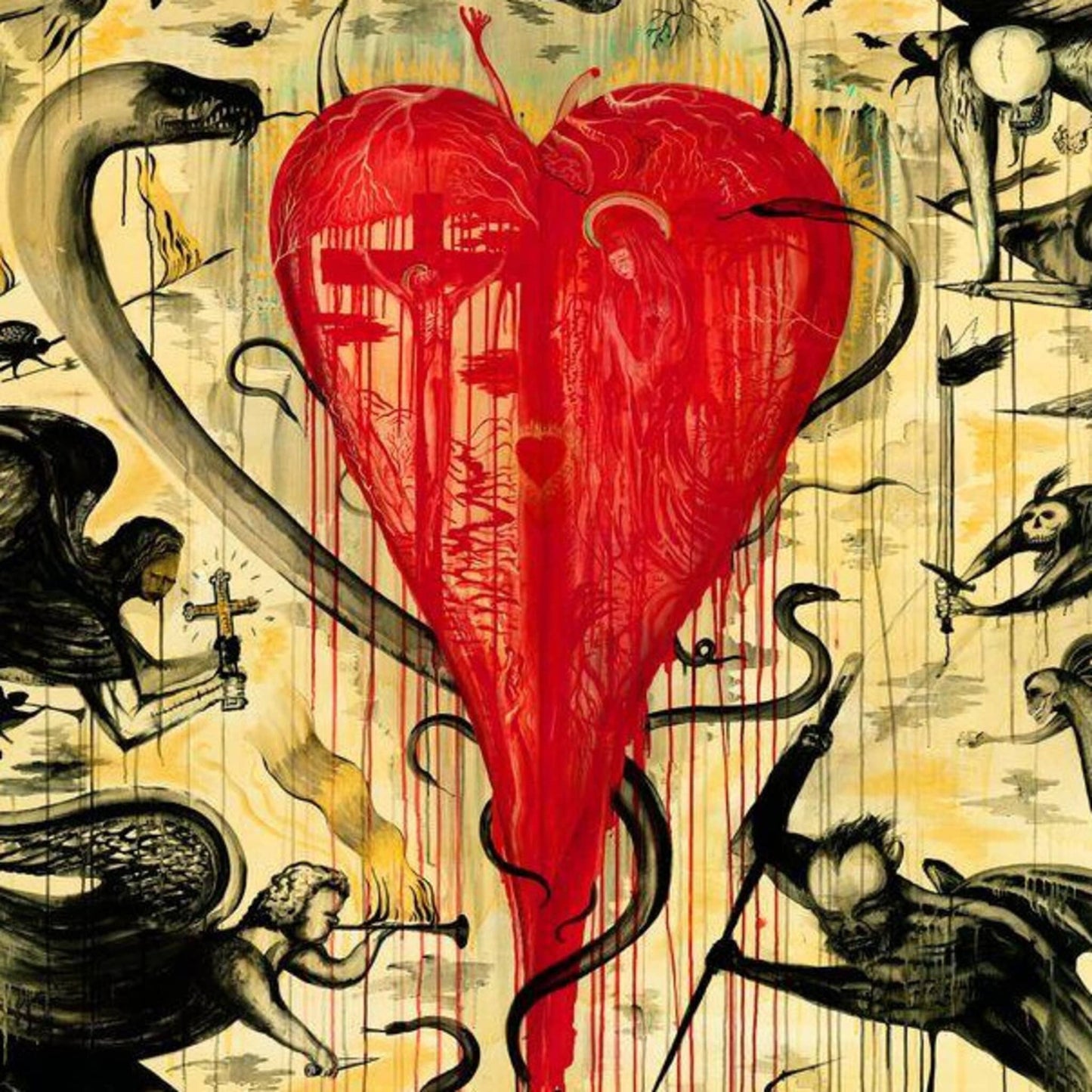 Bill Hammond print with red heart depicting good and evil
