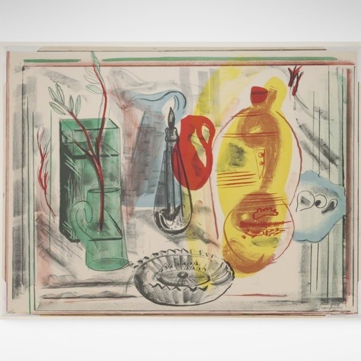 Print of a still life arrangement of jugs, vases and vessels in jewel like colours.