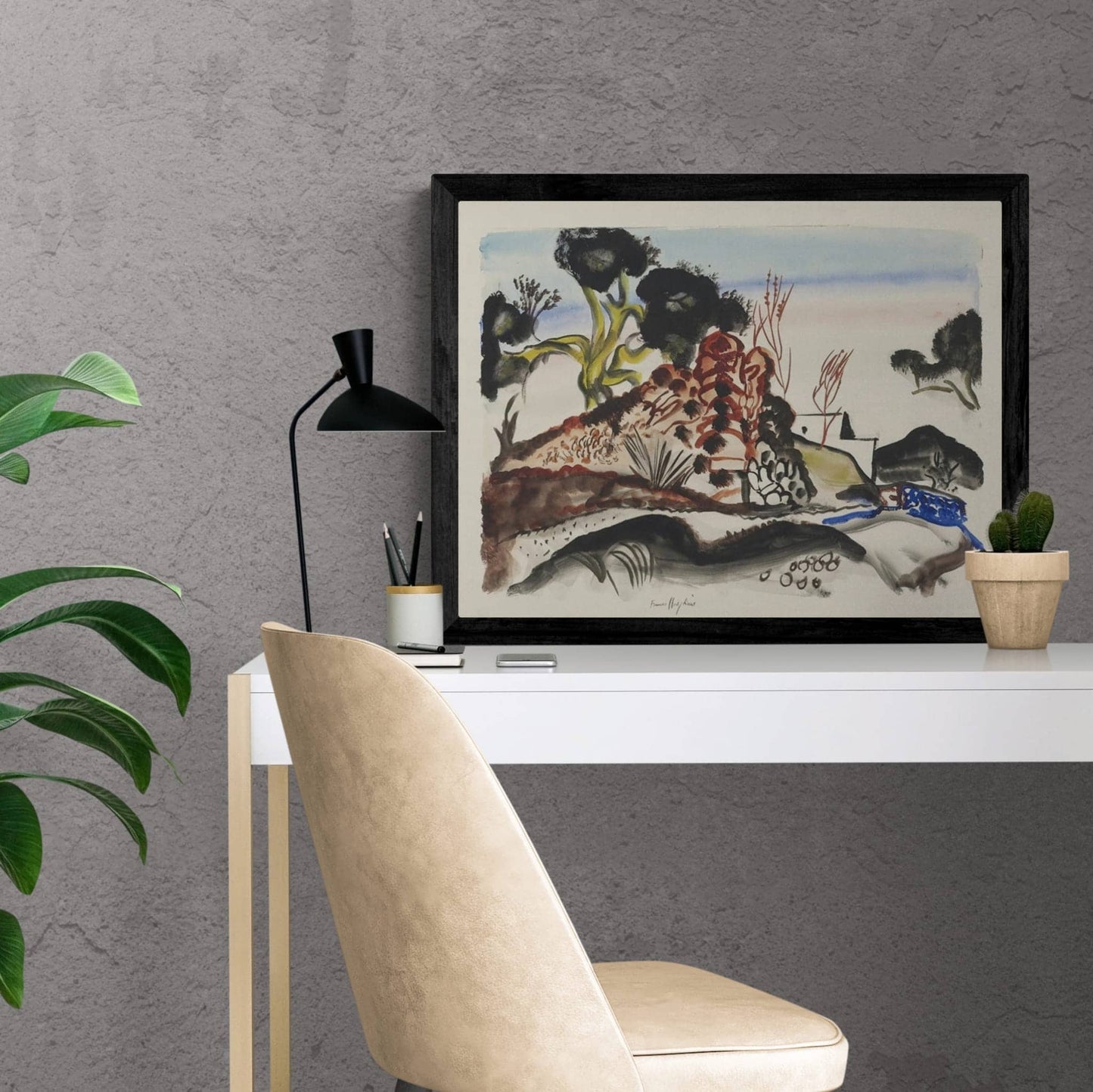 Abstract Landscape print of Ibiza sitting on desk