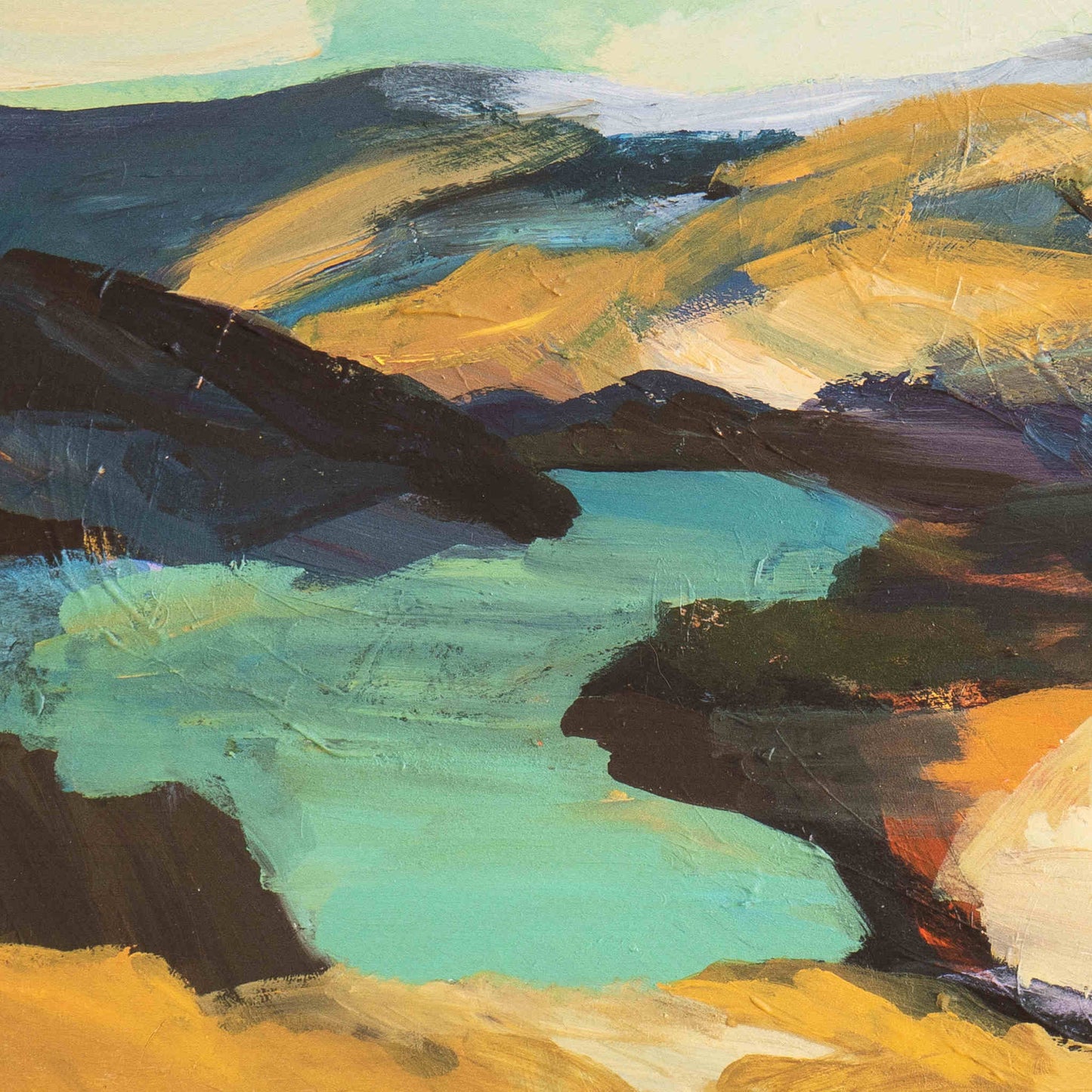 Close up of landscape print of yellow hills and the vivid blue Clutha river around Clyde.