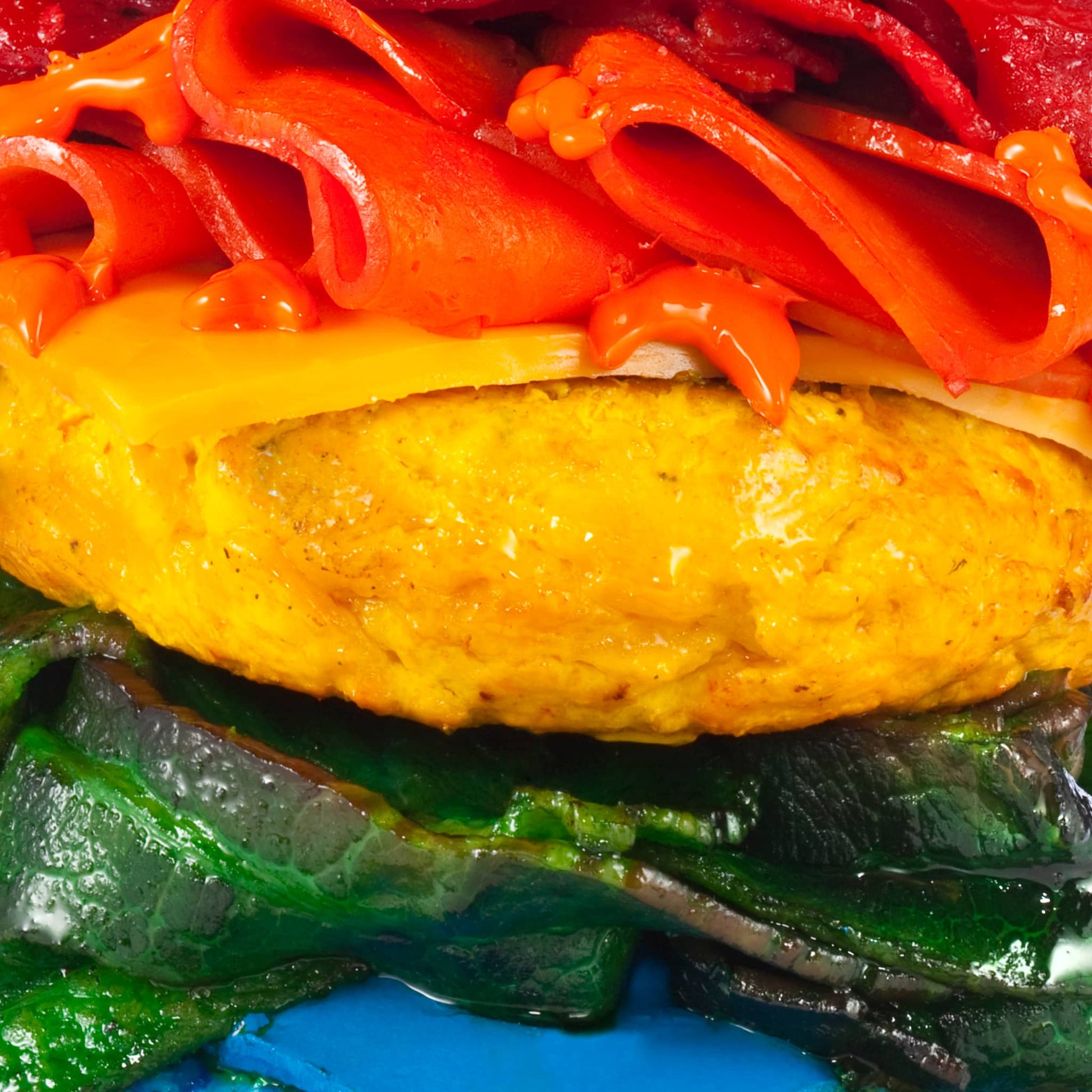 Close up of burger with rainbow coloured layers.