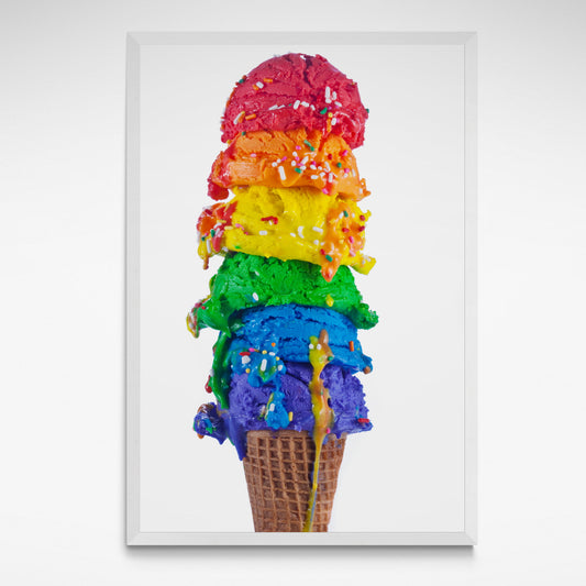 A vibrant photographic print of a rainbow-coloured ice cream cone from Henry Hargreaves' *Food of the Rainbow* series, featuring bold colours and whimsical charm.