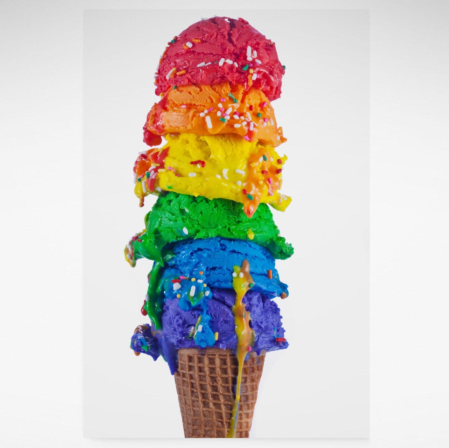 A vibrant photographic print of a rainbow-coloured ice cream cone from Henry Hargreaves' *Food of the Rainbow* series, featuring bold colours and whimsical charm.