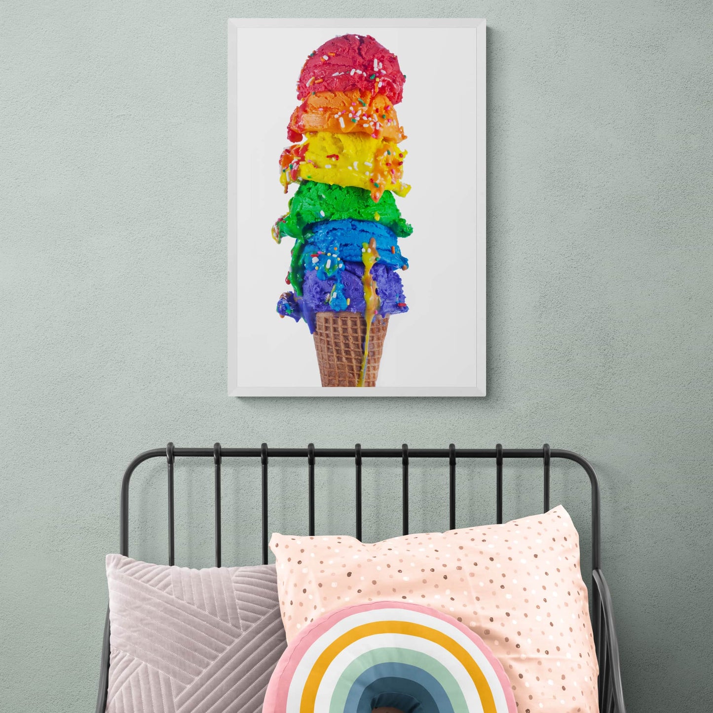 Framed and hanging photographic print of a rainbow-coloured ice cream cone from Henry Hargreaves' *Food of the Rainbow* series.