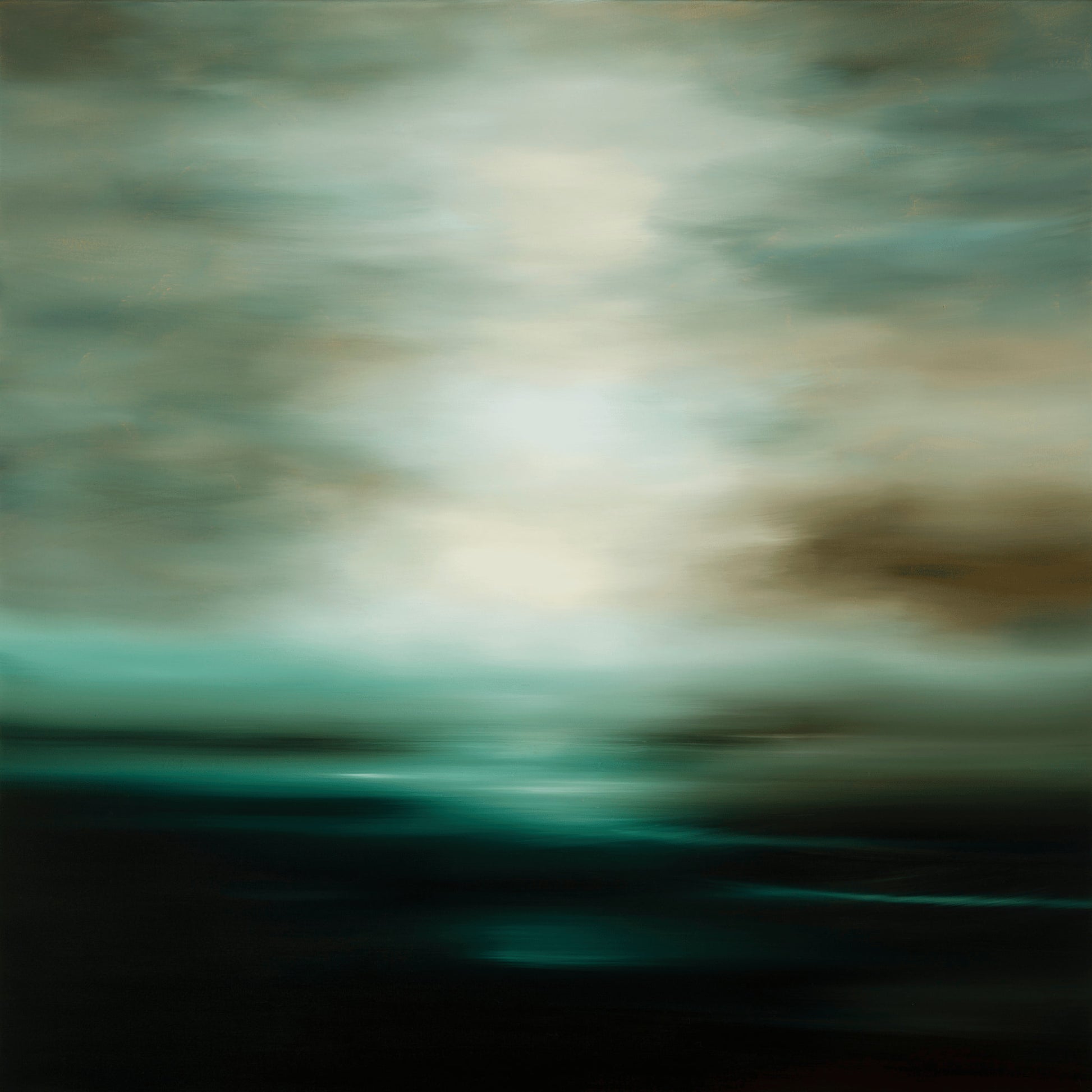 Moody landscape of greens and white cloudy coastal horizon.