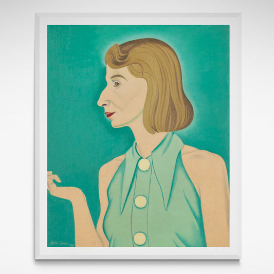 Side on self portrait of Rita Angus in a Cleaoptra pose, on a vivid viridian green bacgound.