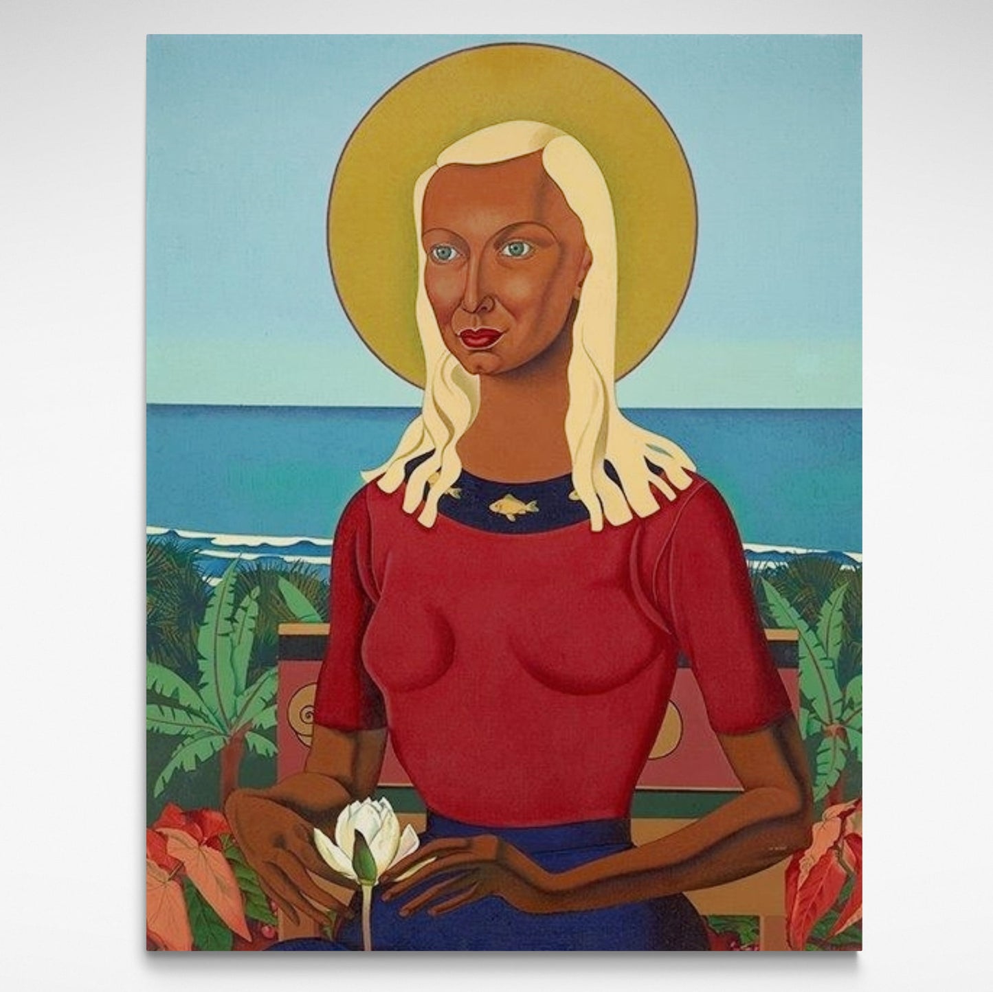 Portrait of a woman with white hair holding a flower