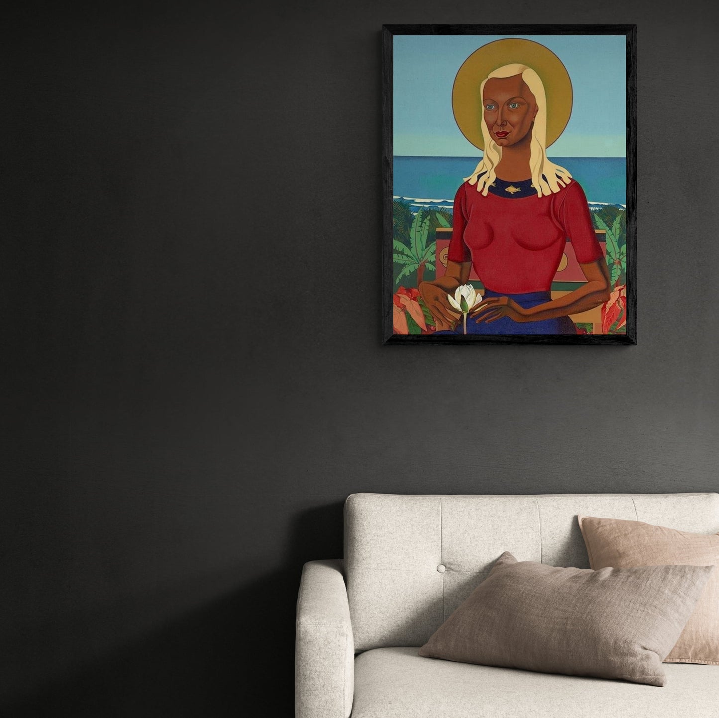Framed portrait of a woman with white hair holding a flower hanging on wall