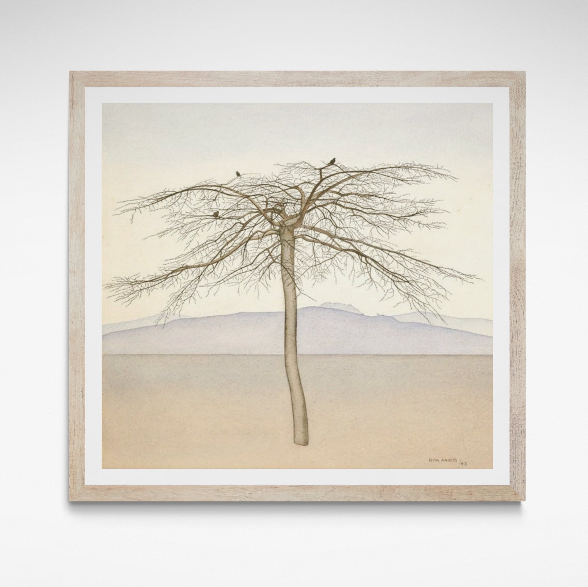 ‘Tree’ by Rita Angus, depicts a solitary tree with stylized branches, set against a serene landscape. This high-quality print matches the original painting's size.