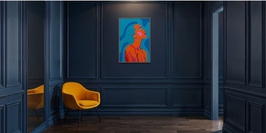 Vivid blue and orange painting of a woman on a deep blue wall