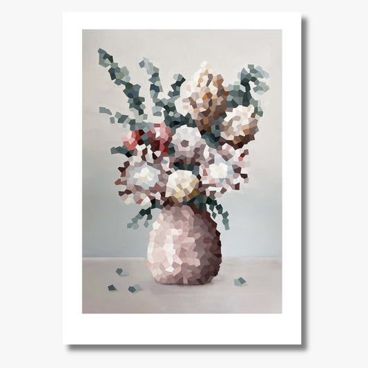 Print of a vase of flowers in a fragmented style