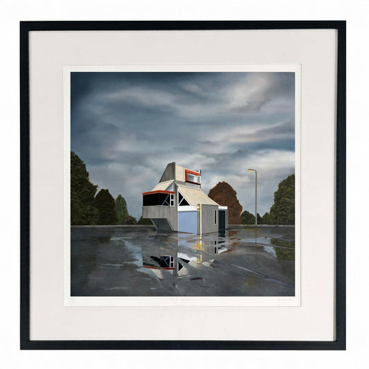 The Lookout, framed limited edition print by Zoe Marsden, featuring a reflective wet surface with a small abandoned building structure and trees in the background