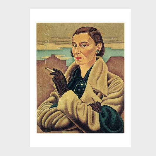Portrait of a woman smoking in a coat with a cityscape background