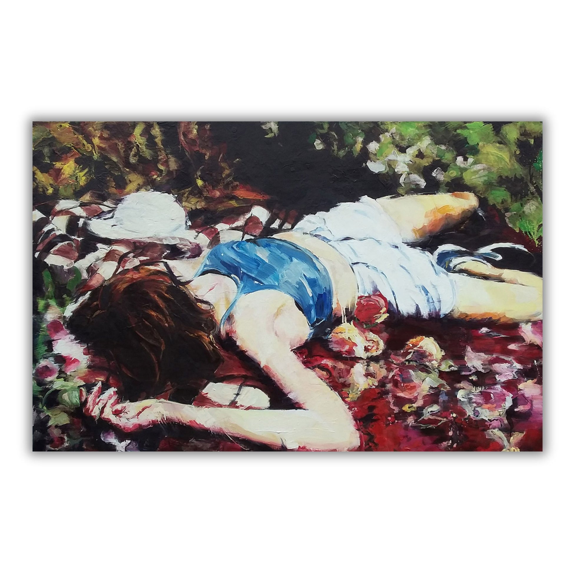 Oil painting Ophelia by Justine Turnbull, depicting a woman lying among green foliage and red flowers.