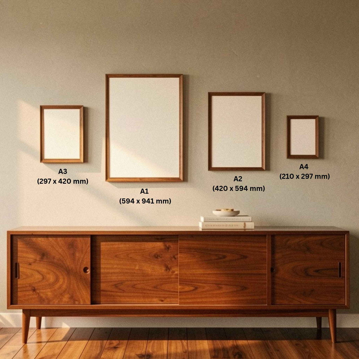 Blank A1, A2, A3 and A4 picture frames with dimensions labelled, displayed above a mid-century sideboard to show the relative sizes of each frame.