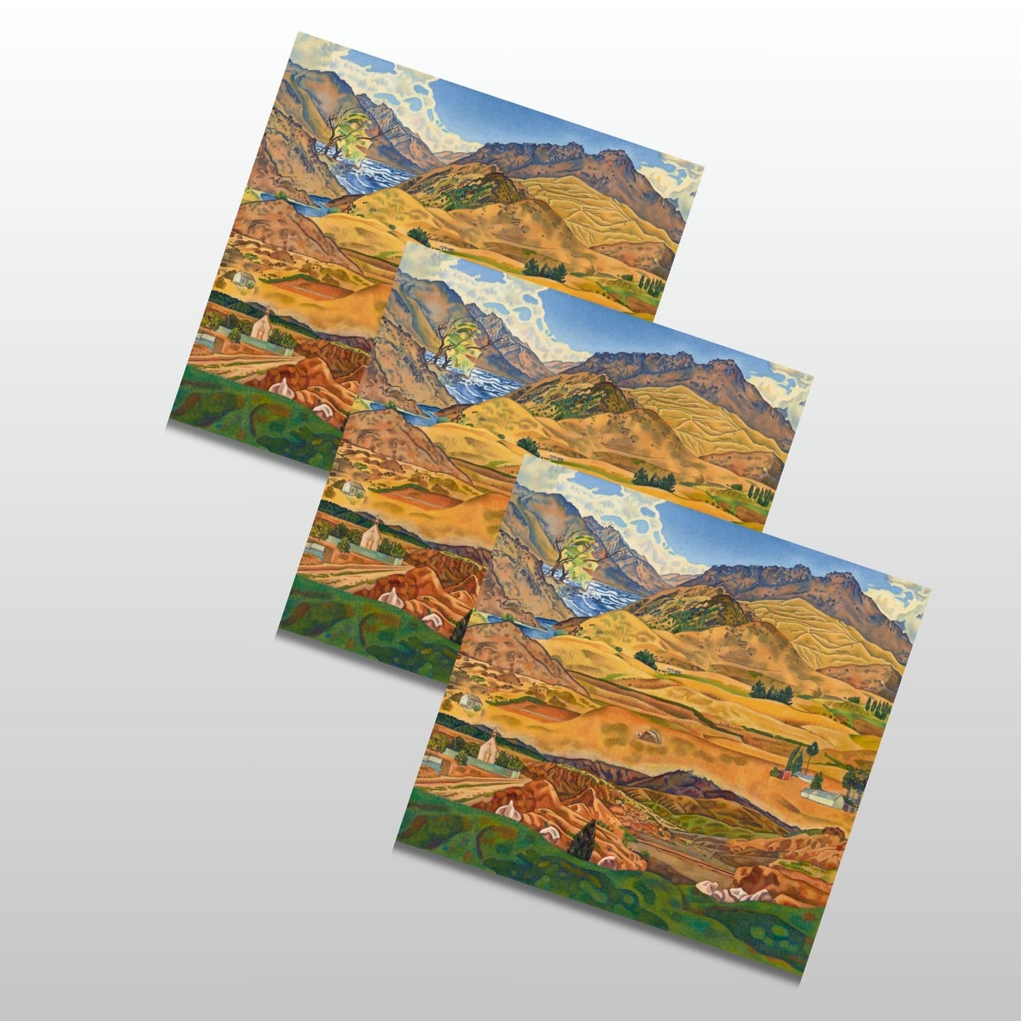 Rita Angus colourful painting "Central Oago" in a notecard group of three