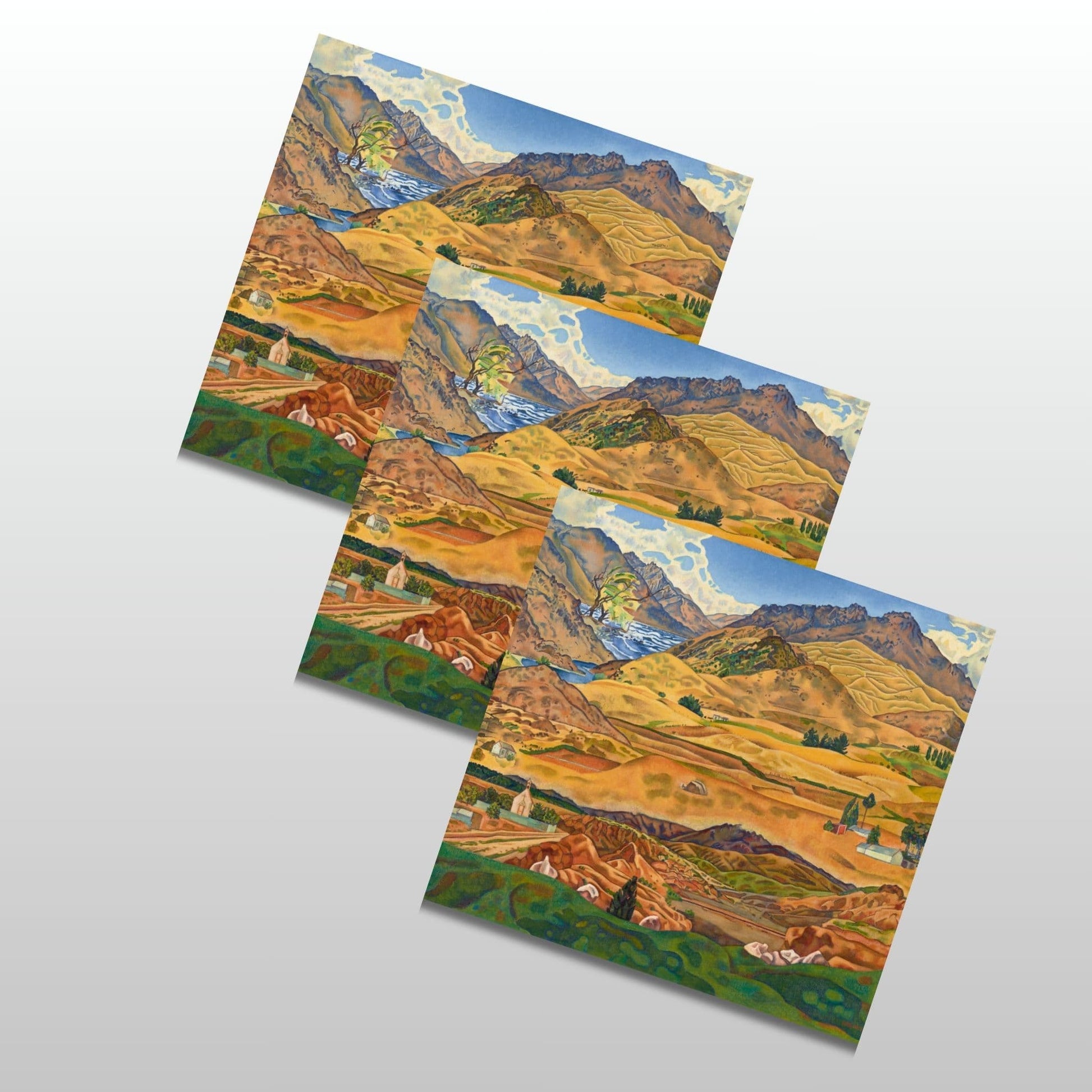 Rita Angus colourful painting "Central Oago" in a notecard group of three