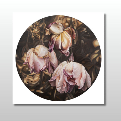 Rod Eales print of three decaying pink rose flowers strung up with string