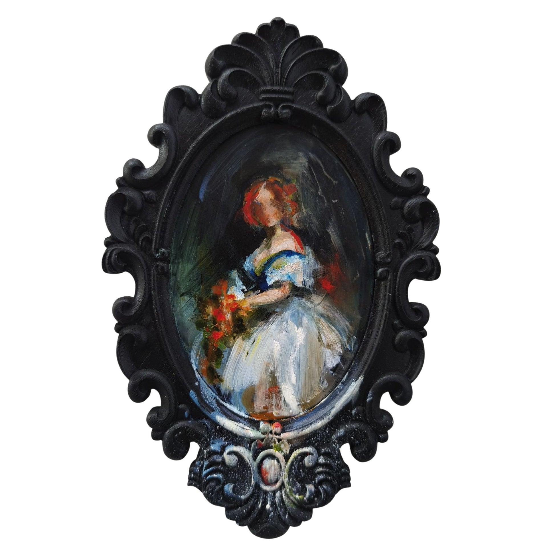 Decorative oval frame with a painting of a woman holding flowers on a dark background