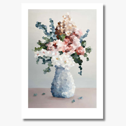 Print of a vase of flowers in a fragmented style