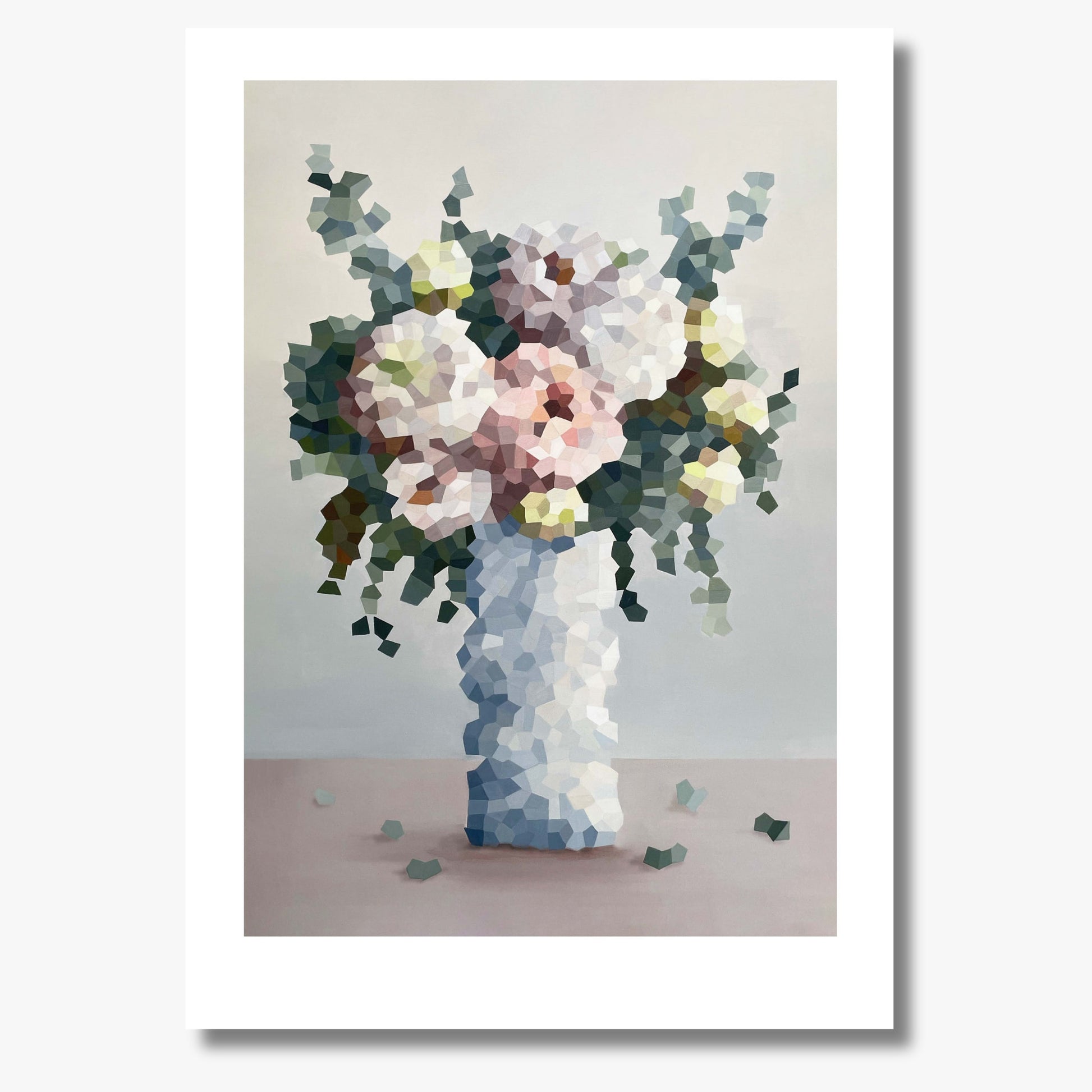 Print of a vase of flowers in a fragmented style