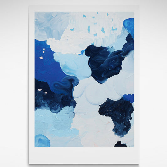 Abstract print of blues, white and grey clouds depicting Antarctica.