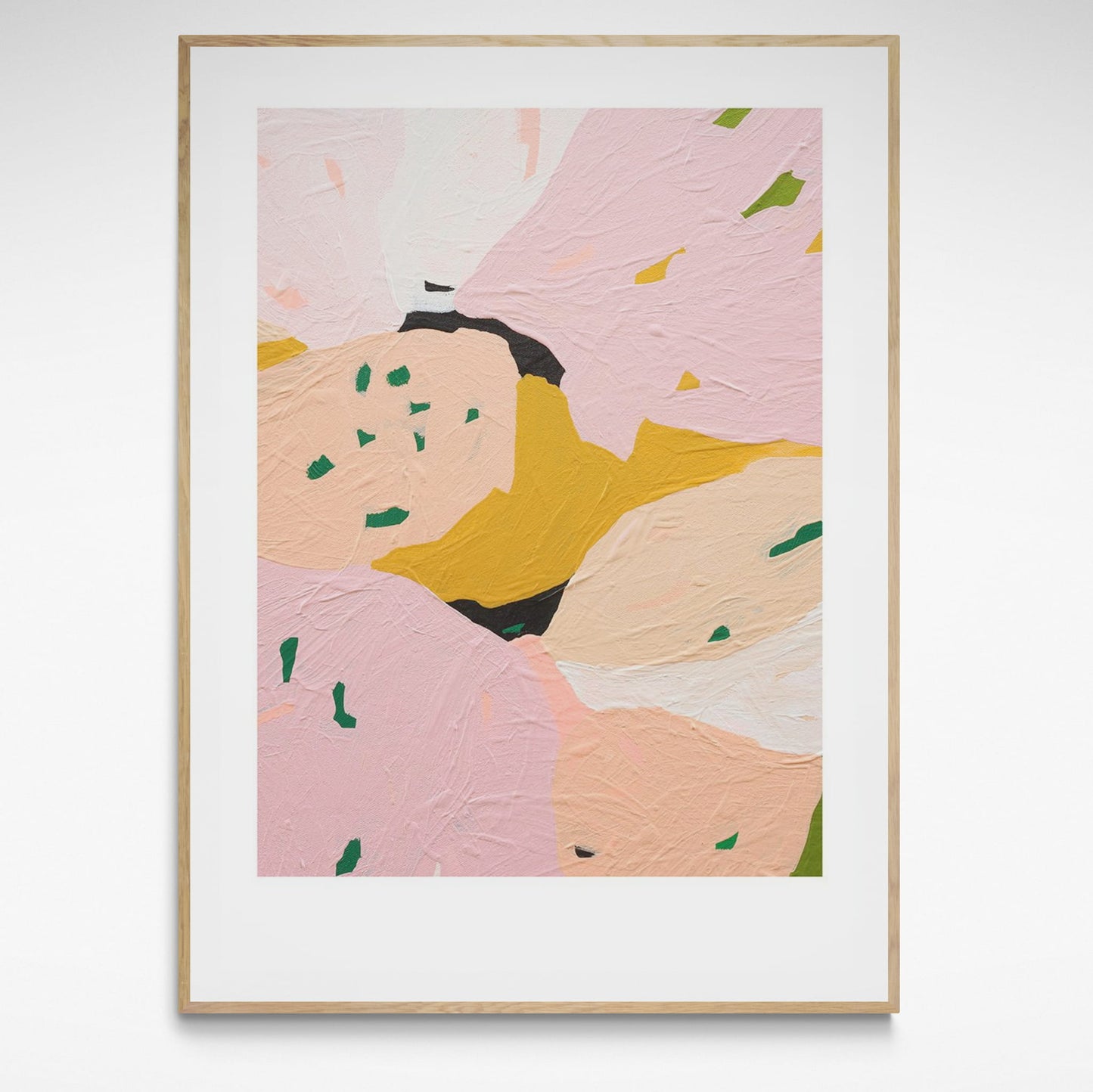 Framed abstract pink, orange, white and green print