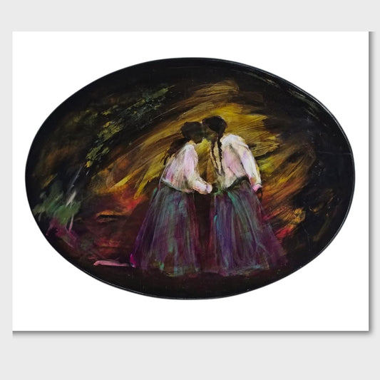 Painting of two people embracing in a dark, abstract setting