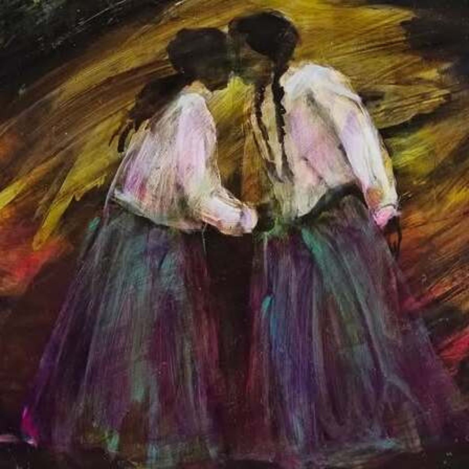 Close-up of an abstract print by Anita DeSoto of two sisters in a close embrace