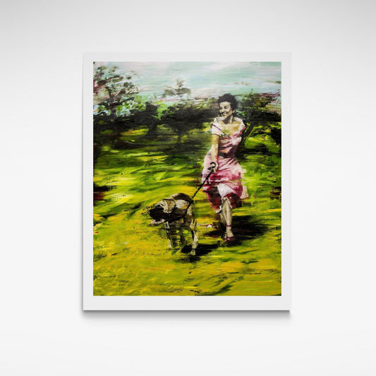 "The Grass Was Golden" limited edition print of a woman walking a dog in a park by Anita DeSoto