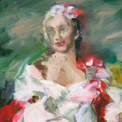 Portrait of a woman in a white dress with red accents