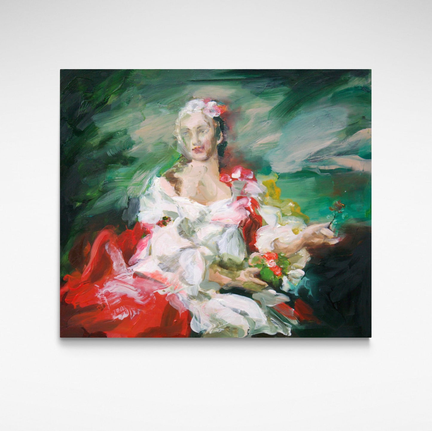 Portrait of a woman in a white dress with red accents