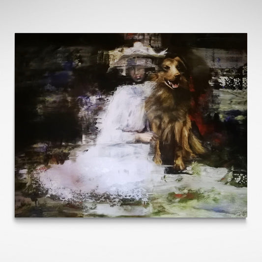 A woman in white dress cuddling her dog limited edition print