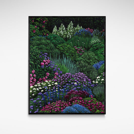 Framed print of a garden scene with blue, pink and purple flowers. amongst greenery.