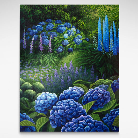 A  stretched canvas of beautiful garden scene thats washed in light.