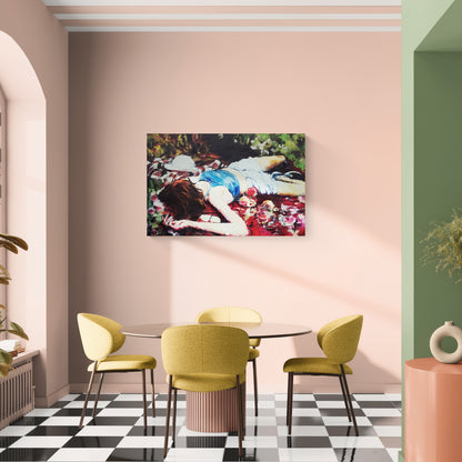 Framed and hanging painting, Ophelia by Justine Turnbull, depicting a woman lying among green foliage and red flowers.