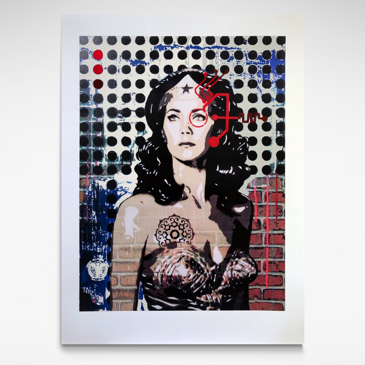 A pop art screenprint depicting Wonder Woman standing in front of a brick wall