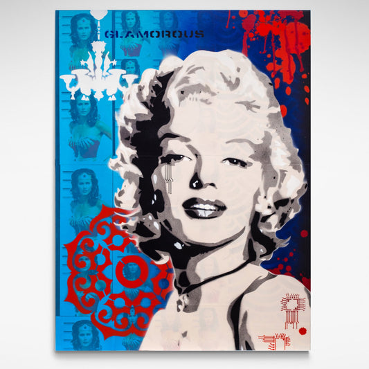 Stunning screenprint of Marilyn Monroe on blue and red background. Images of Wonder Woman are repeated in the background.