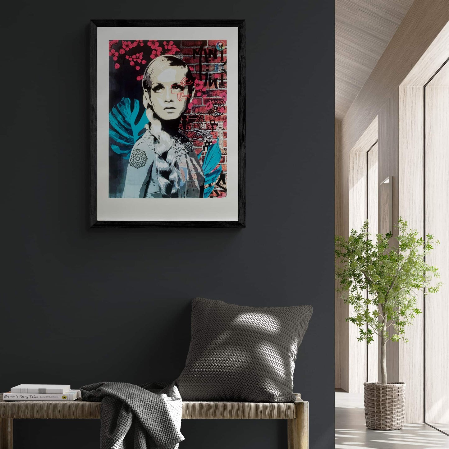 Urban art-style screenprint portrait of Twiggy by Brad Novak hanging on wall