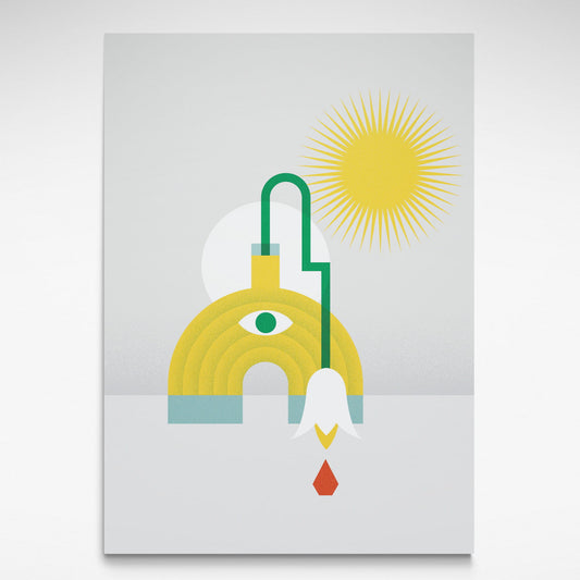 Abstract art print with geometric shapes and a sun on a gray background