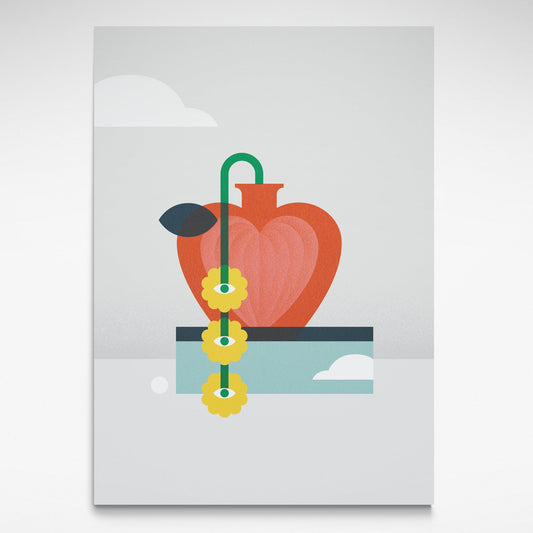 Abstract art print with a red vase, yellow flowers, and blue rectangular shape on a gray background