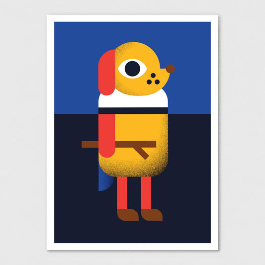 Quirky yellow Dog art print, by Beth Xia, with oversized eyes and bright red ears, illustrated in bold blue, navy and red geometric shapes.