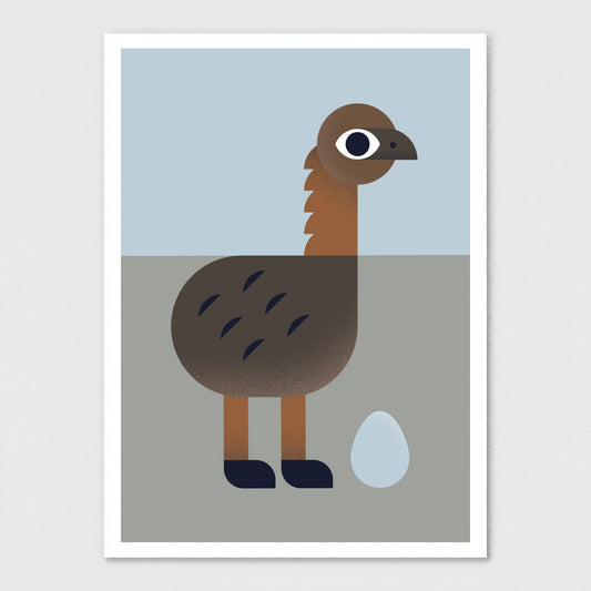 Geometric moa bird art print by Beth Xia, featuring earthy brown tones, a long neck and a pale blue background.