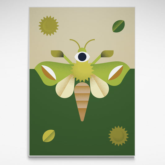 Illustration of a green moth on a beige and green background