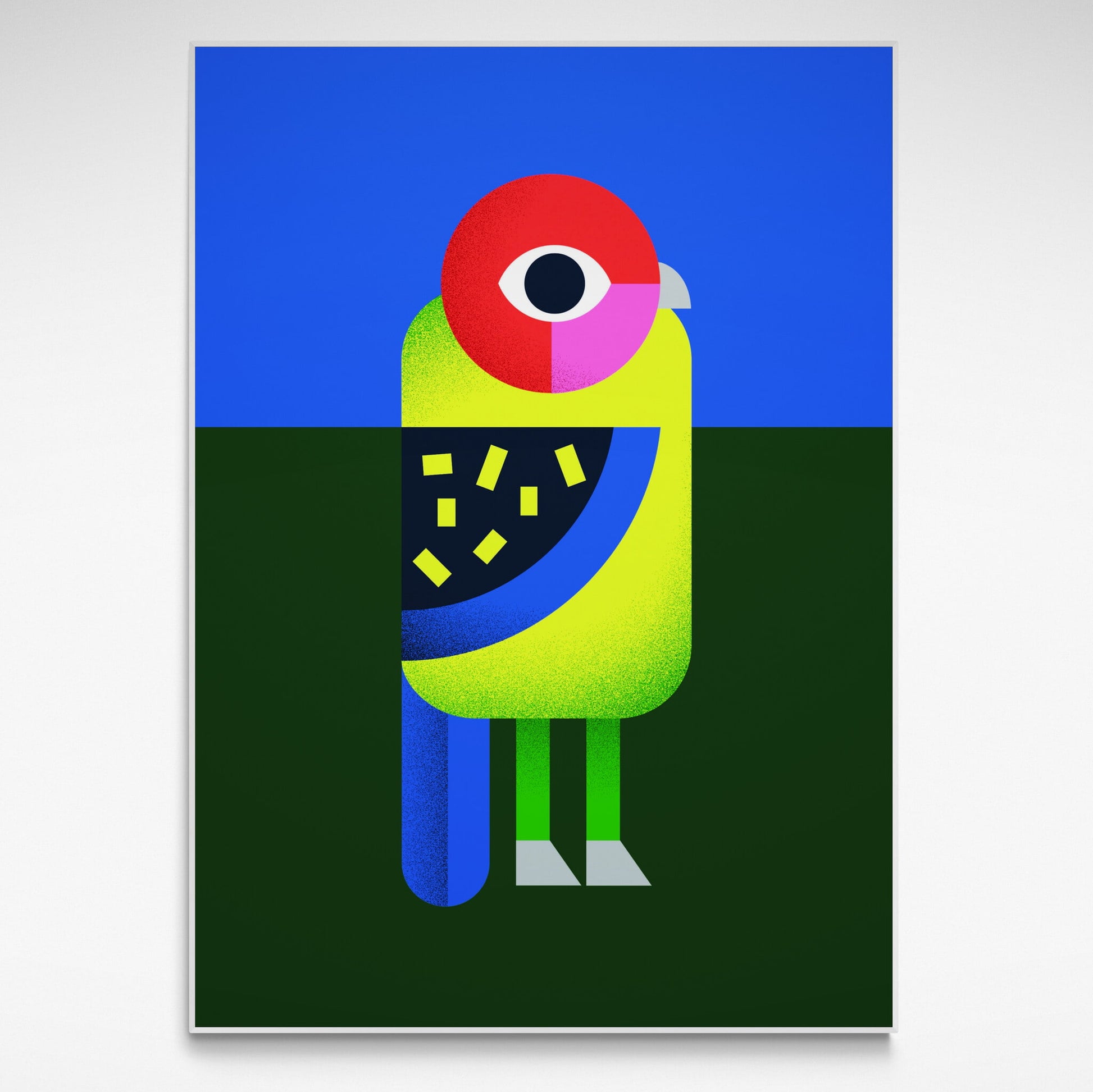 Colorful abstract colourful bird illustration on a blue and green background